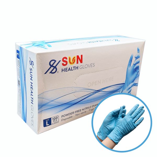 Nitrile Examination Gloves Blue, Powder Free, Disposable by Sun Health, Sizes S-XL, 100 Bx BC-1158